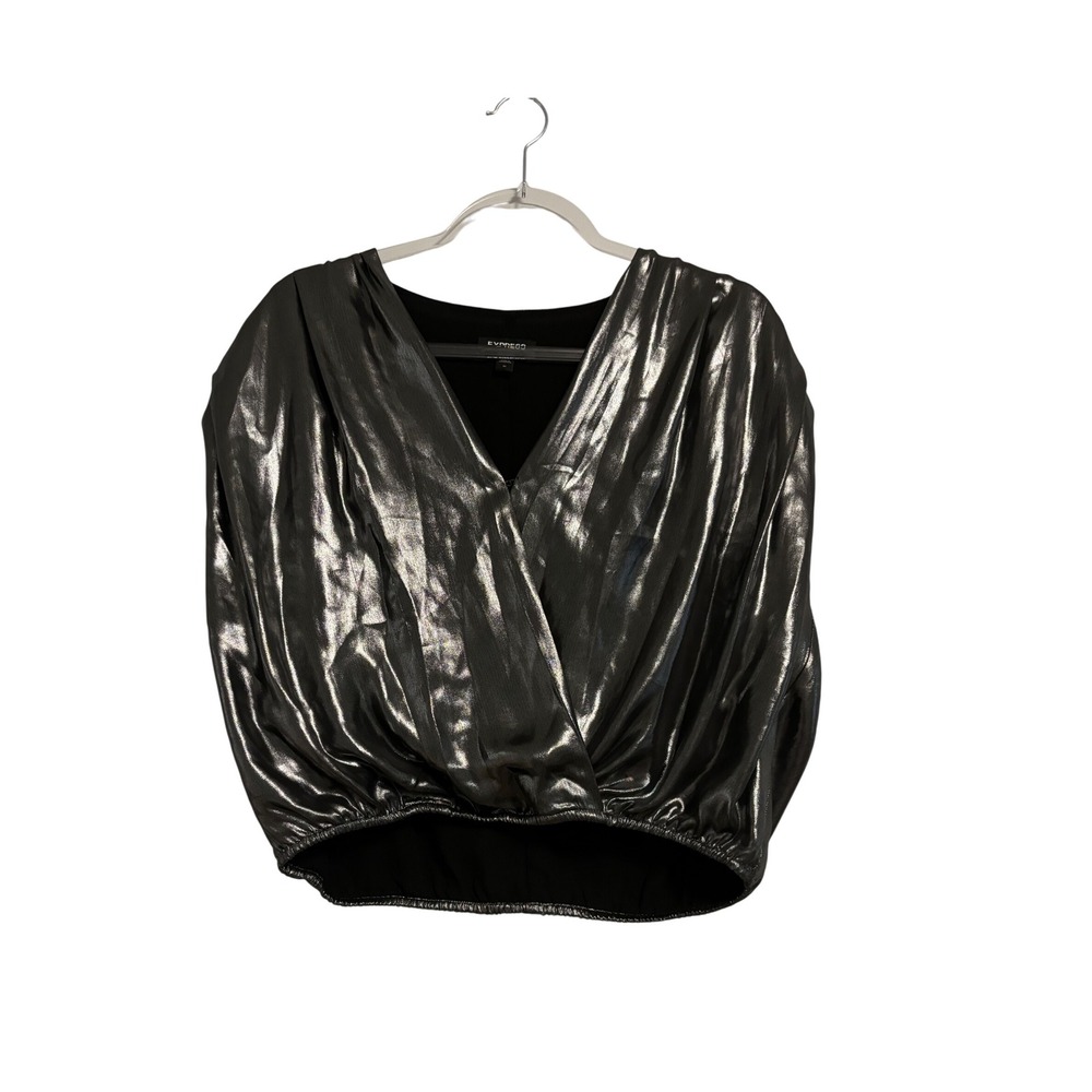 Express Silver Metallic Top Blouse V Neck Elastic Hem‎ Party Ruched Shoulders